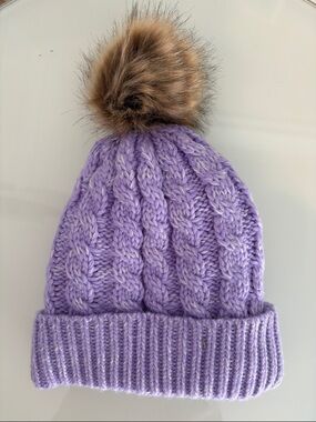 ❤️‍🔥3/$20 Just Cozy Lavender Cable-Knit Beanie with Faux-Fur Pom